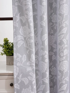 Detailed close-up of light gray lace curtains featuring elegant rose floral patterns