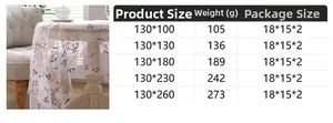 Size chart for floral embroidery lace tablecloth including product dimensions and weight