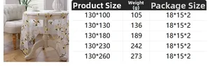 Size chart table for pastoral embroidery tablecloth with dimensions and product weights