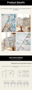 Size guide for floral linen tablecloth showing measurement formulas and drape recommendations