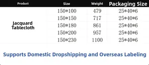 Size guide for jacquard tablecloths showing dimensions, weight, and packaging details