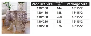 Size chart for embroidered tablecloth showing dimensions, weight, and packaging specs