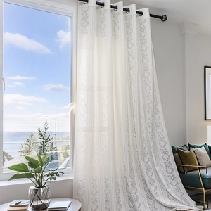 Modern Minimalist Polyester Cotton Lace Hollow Out Curtain Semi-Shading Floral Vertical Stripes Grommet Top Gauze Window Treatment