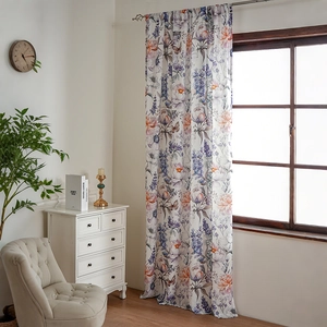 Floral butterfly print curtain with purple and pink blossoms for a rustic living room decor