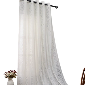 White lace sheer curtain with silver floral embroidery and metal rings for living room