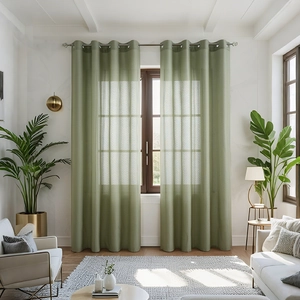 Modern Grommet Top Vertical Striped Sheer Curtains Polyester Cotton Blend Semi Transparent Voile Drapery For Living Room