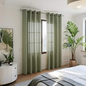 Pea green vertical striped sheer curtains in a modern living room with soft lighting