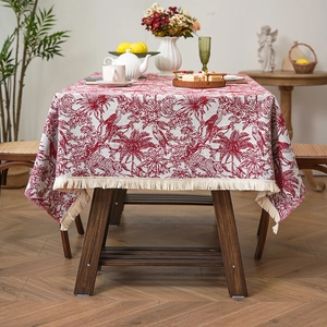 Vintage red jacquard tablecloth with Toile de Jouy patterns and creamy tassels