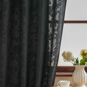Bohemian black floral lace sheer curtain with intricate jacquard pattern for living room