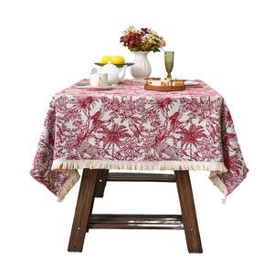 Retro red and white toile de jouy jacquard tablecloth with elegant tassel trim edge