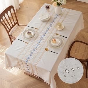Modern Minimalist Waterproof Stain Resistant Tablecloth Embroidered Diamond Grid Cotton Blend Rectangular Dining Table Cover With Tassels