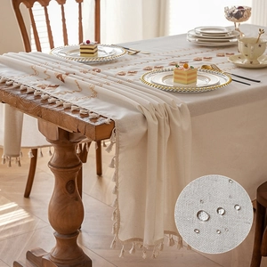 Waterproof Polyester Cotton Tablecloth Geometric Diamond Embroidery Dustproof Table Cloth With Tassels For Kitchen Decor