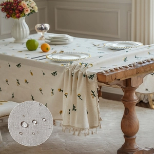 Waterproof Polyester Cotton Tablecloth With Dandelion Embroidery Rural Tassel Edge Rectangle Dining Table Cover Decor