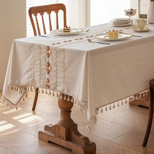 Waterproof cream tablecloth with brown diamond embroidery and elegant tassel edge trim