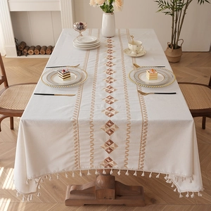 Waterproof off-white tablecloth with geometric diamond embroidery and boho tassel edges