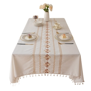 Waterproof cream tablecloth with diamond embroidery and tassels for dining tables