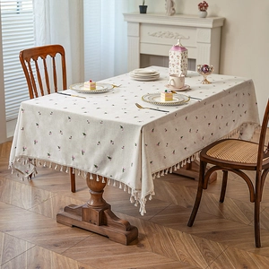 Waterproof linen tablecloth with pink floral embroidery and delicate white tassels