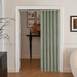 Green minimalist folding door curtain with white telescopic rod for home room separation