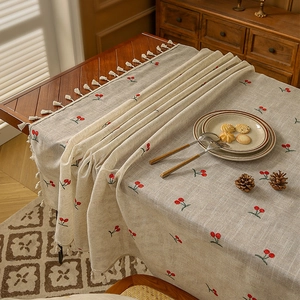Pastoral Linen Blend Tablecloth With Fruit Embroidery And Tassels Rectangular Round Dining Table Cover For Home Decor