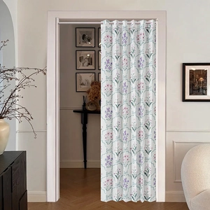 Floral folding partition curtain with blue bow print and telescopic rod for home kitchen