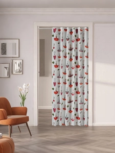 Detail of hanging folding door curtain with red and grey mushroom pattern for home decor