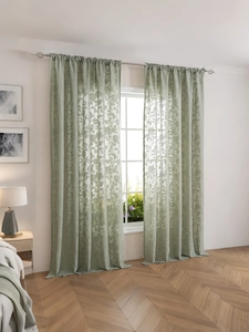 Salbeigrüne Vorhänge mit Blumenmuster, halbverdunkelnd und mit Stangendurchzug
