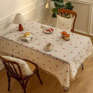 Pastel cream cherry embroidery tablecloth with fringe tassels and matching cushion set