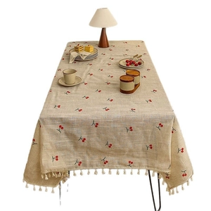Pastoral style beige cotton linen tablecloth with red cherry print and tassel edges