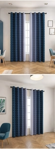 Detail of blue gradient blackout curtains with white diamond grid and metal grommets