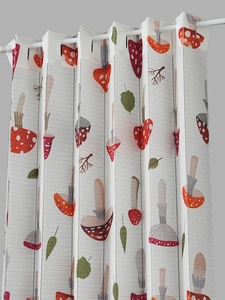 Detail showing the woven texture and mushroom print on this folding door curtain