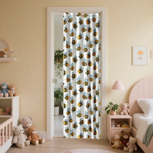 Foldable door curtain with cartoon bee patterns and silver metal grommets for kids' rooms