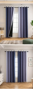 Detail of blue gradient blackout curtain showing dot pattern and black lining