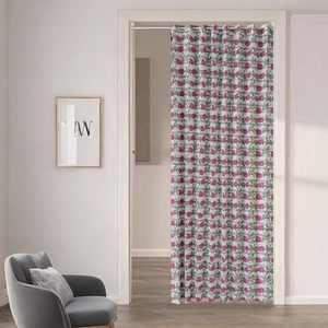 Detail of pink rose and gray stripe folding door curtain with rod pocket installation