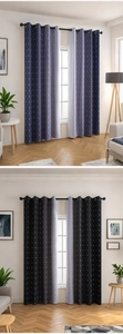 Detail view of blue and grey gradient blackout curtains with white geometric diamond pattern