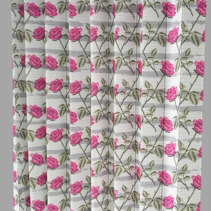 Floral pleated folding curtain with pink rose pattern and grey stripes for home partition
