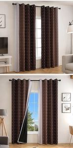 Detail of dark brown blackout curtain with white lattice pattern and metal grommet top