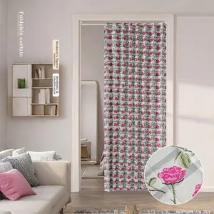 Foldable Printed Polyester Door Curtain For Kitchen Bathroom Invisible Partition Small Fresh Floral Pattern Hanging Decor
