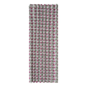 Floral print folding door curtain with pink roses and grey stripes on a white background