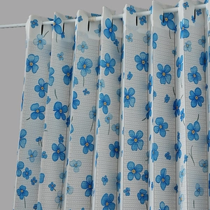 Floral folding door curtain with blue flowers on off-white textured mesh fabric