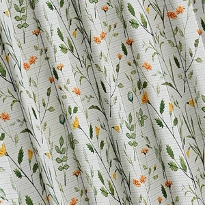 Floral print folding door curtain with orange flowers and green leaves on textured fabric