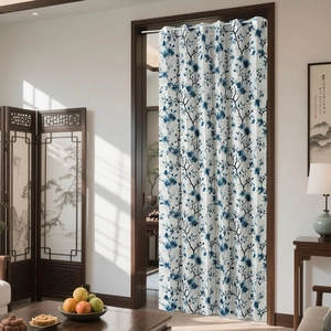 Detail of floral folding door curtain with hook installation for home kitchen divider