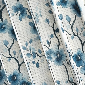 Detailed view of blue floral folding door curtain with elegant textured fabric weave