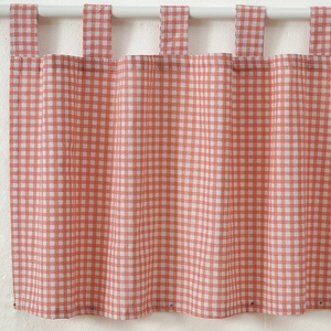 Close-up of red plaid cotton linen short curtain with tab top header for kitchen