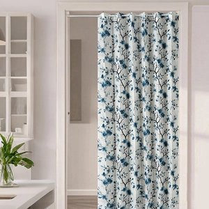 Detail of blue floral cotton linen folding door curtain with rod pocket design