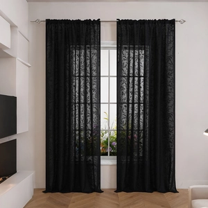 Französische Vintage-Spitzengardinen in Schwarz mit Blumenstickerei für elegante Deko