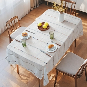 Nordic Style Rectangular Tablecloth With Colorful Embroidered Stripes And White Pom Pom Trim Polyester Dustproof Table Cover