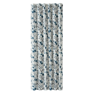 Chinese style folding door curtain with blue-gray floral patterns and metal eyelets