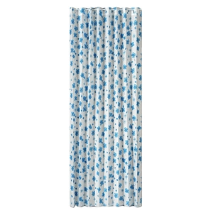 White folding door curtain with blue floral prints and metal grommets for kitchen