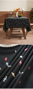 Close-up detail of candy embroidery and tassel edge on high-quality black table cloth