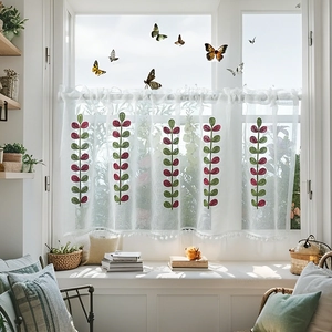 Embroidered Leaf Sheer Cafe Curtains With Pom-Pom Trim Rod Pocket Short Curtains For Kitchen Bedroom Small Window Home Decor